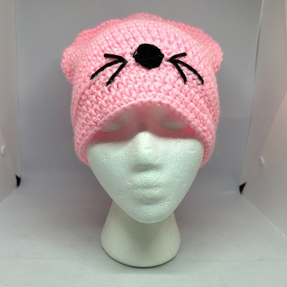 Handmade Crochet Light Pink Knit Cap w/Black Accent OS - Picture 2 of 11